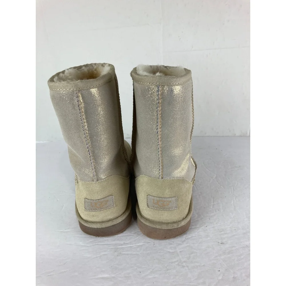 UGG Classic Short Sparkle Boots Women 6 Gold Metallic Shearling Lined Designer